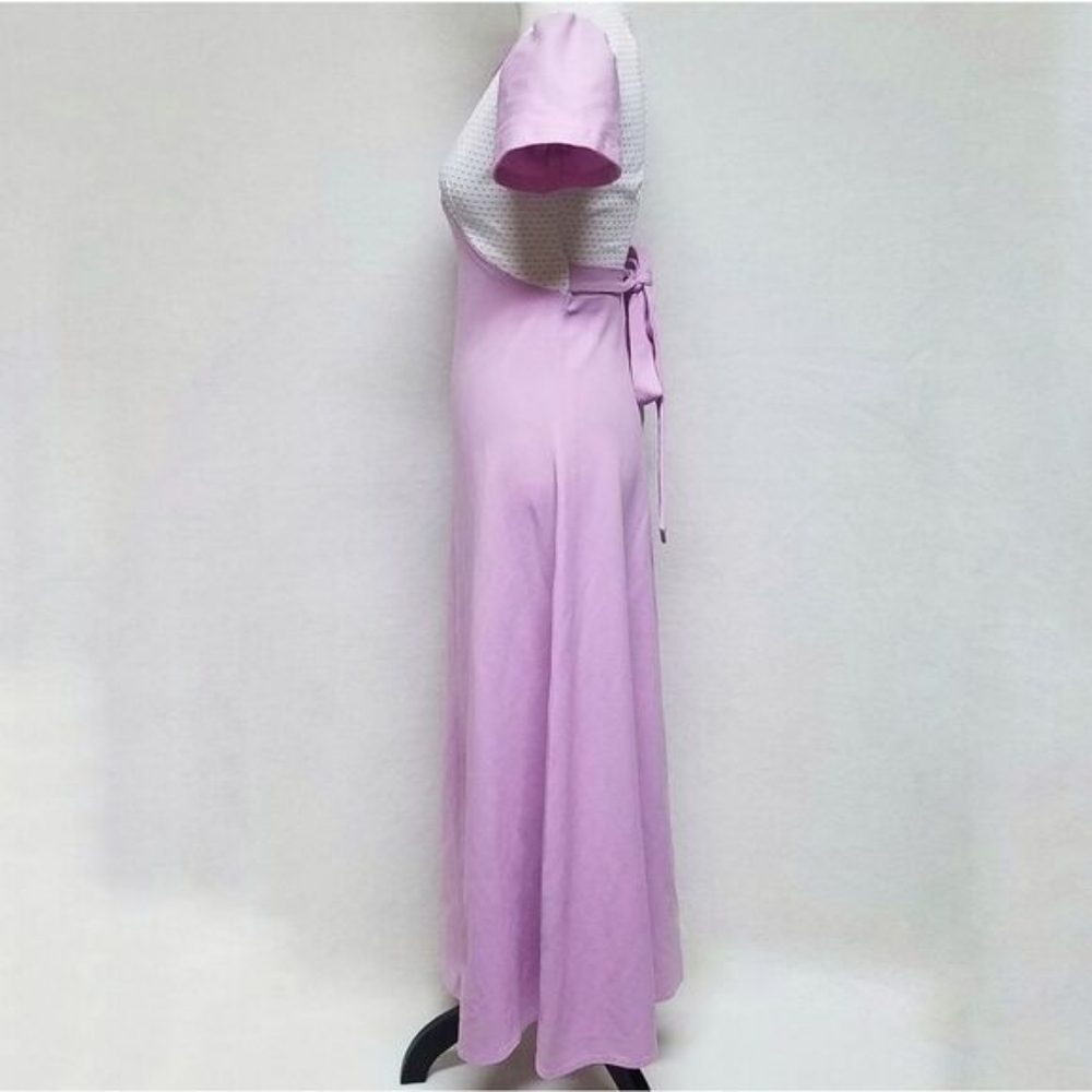 Vintage 1960s Lilac Swiss Dot Handmade Short Sleeve Tie Waist Maxi Dress S - Picture 7 of 13
